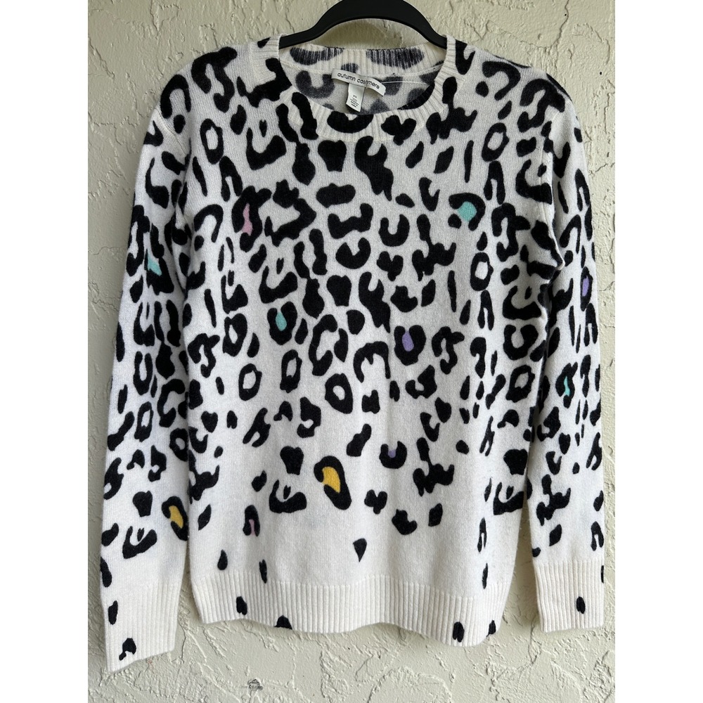 Autumn Cashmere Leopard Print 100% Cashmere Crewneck Sweater White Black XS